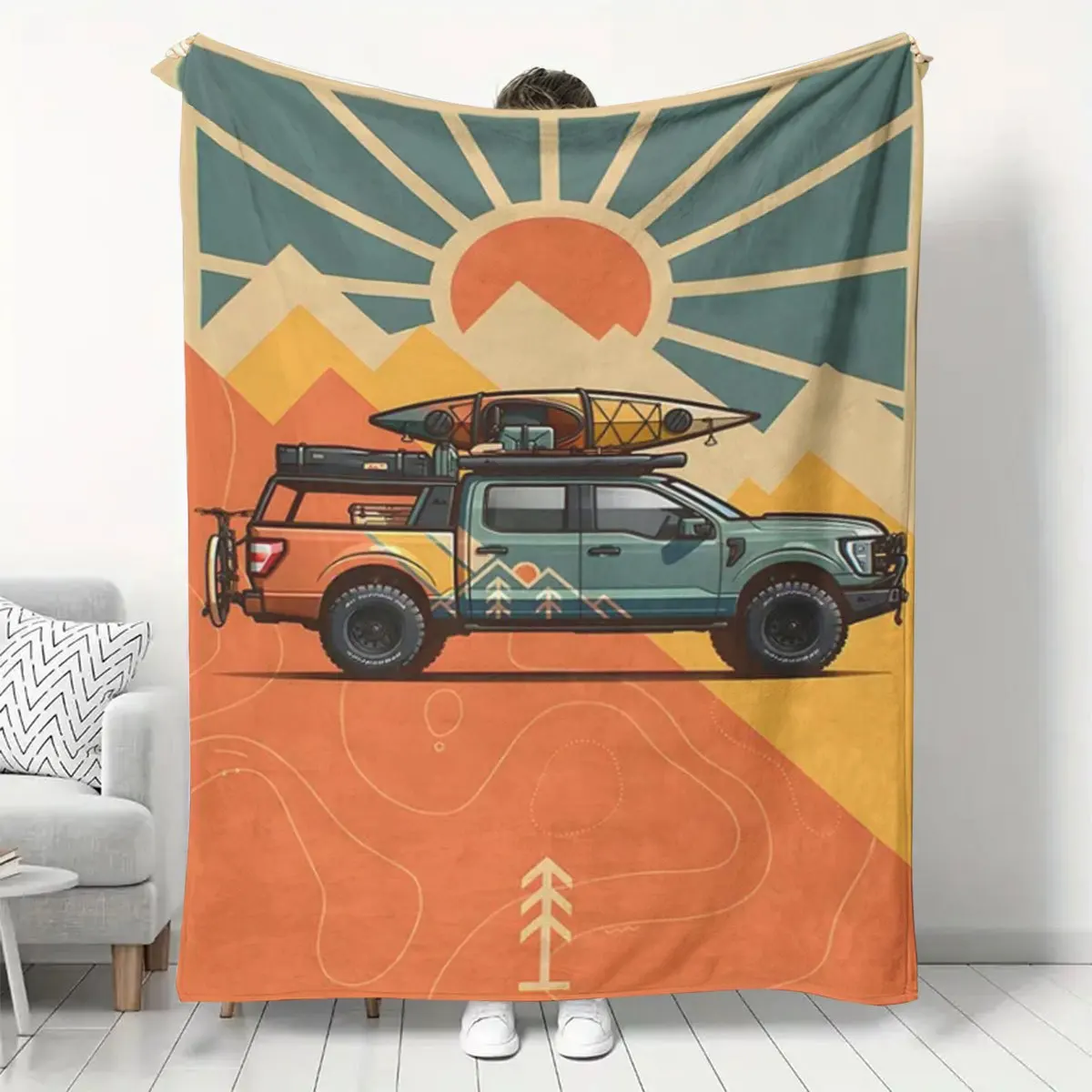 Bohemian Boho Throw Blanket Picnic Camping Throw for Road Trip Decor Desert Mountain Travel Retro Vintage Jeep Outerwear Decor