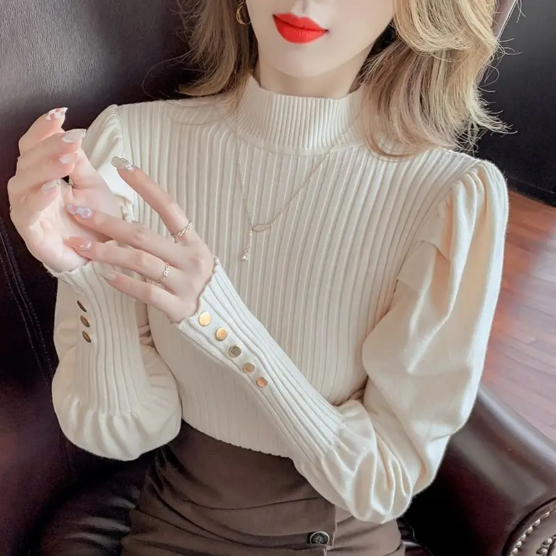 Autumn Winter Fashion Half High Collar Elegant Chic All Match Rib Knit Sweater Women\'s Solid Slim Long Sleeve Ladies Tops Jumper