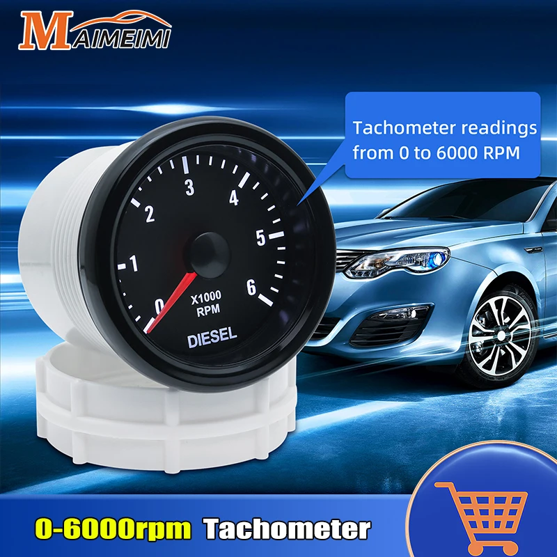 

52mm Tachometer White LED Light Pointer 0-6000 rpm Tacho Gauge Meter For 12V Diesel Motor Engine 1-20 Cylinder Auto Accessories