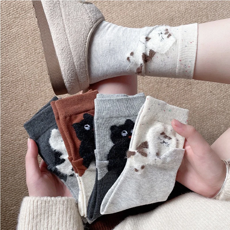 

1/4 пары новых носков для экипажа, женские хлопковые носки с изображением кота, осенне-зимняя коллекция, минималистичный дизайн с рисунком кота, забавные носки до середины икры