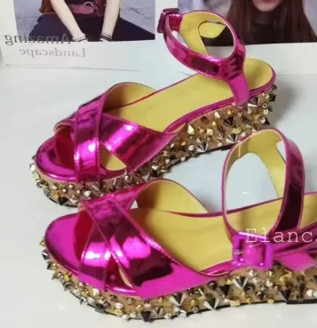 Prowow Neue Gold Rot Niet Keile Sandalen Ankle Strap Plattform alias de mujer