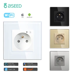 Bseed Wifi Wall Socket France Standard Crystal Glass Panel Smart Socket Outlets Work With Tuya Google Home Alexa Timer APP