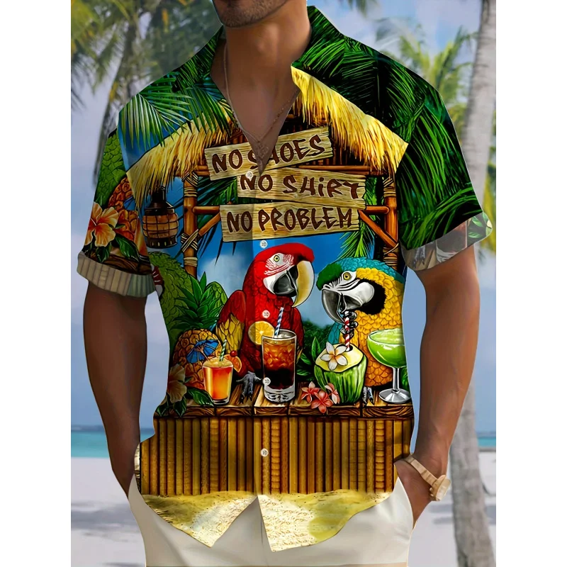 

Men's Vintage Hawaiian Parrot Print Button Shirt - Tropical Beach Scene，with“NO PROBLEMS”Flag，Short Sleeve，Lightweight polyester