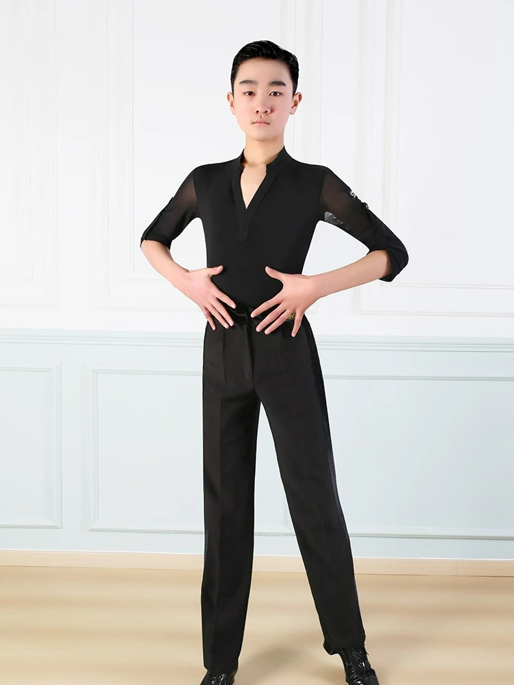 أزياء رقص لاتينية بأكمام طويلة ورقبة على شكل حرف V للأولاد ، ملابس تدريب على الرقص في قاعات الرقص للأطفال ، ملابس رقص Cha Cha Rumba ، جديدة ،