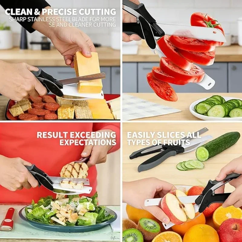 

2 in 1 Kitchen Scissors for Food – Stainless Steel 9.5" Tomato Knife Chops Vegetables, Fruit, Cheese, Meat in Seconds | Dishwasher Cutting Board Scissors – Mess-Free Prep