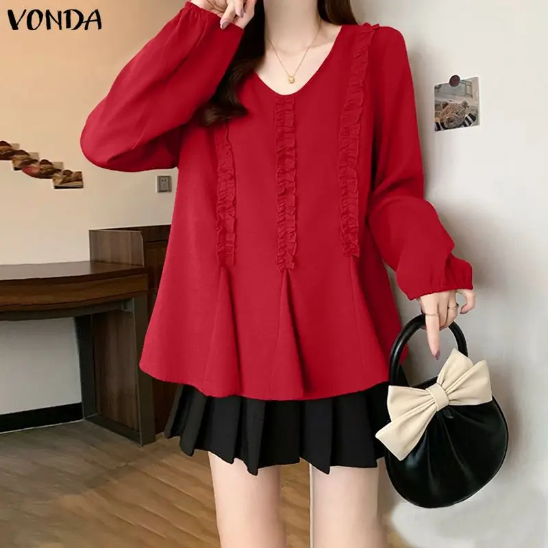เสื้อแฟชั่นผู้หญิง VONDA แขนยาว คอวี แต่งระบาย รุ่นปี 2026 เสื้อเชิ้ตสไตล์ลำลองหลวมๆ สีพื้น เรียบหรู เหมาะสำหรับใส่ทำงานหรือใส่เที่ยว