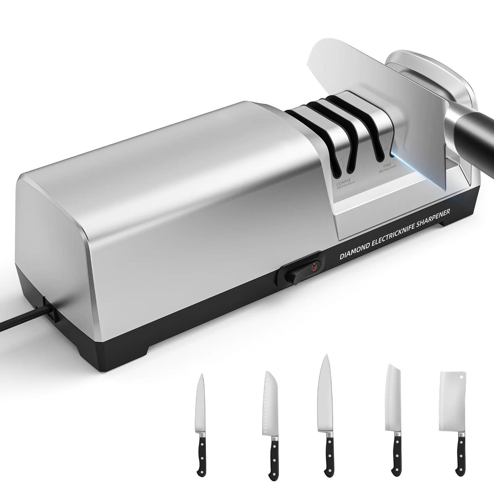 Affilacoltelli elettrico professionale con abrasivi diamantati e guide angolari di precisione per bordi dritti e coltelli in ceramica
