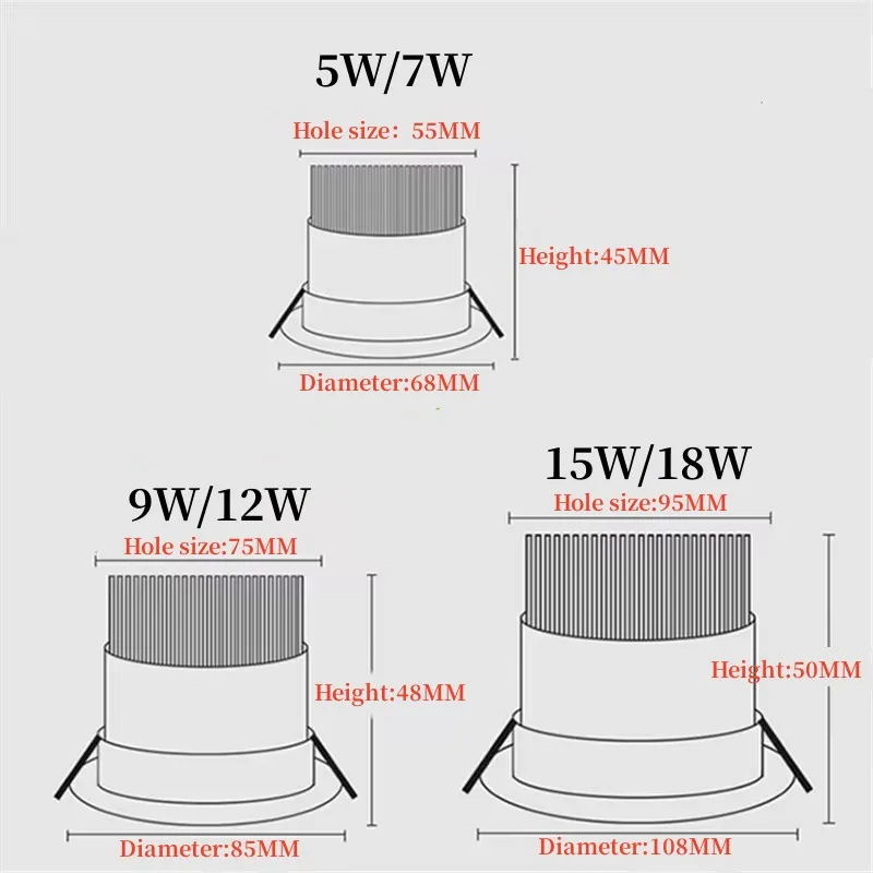 Round Dimmable LED COB Spotlight Ceiling Lamp AC85-265V 5W7W9W12W15W18W Aluminum Recessed Downlight Indoor Lighting