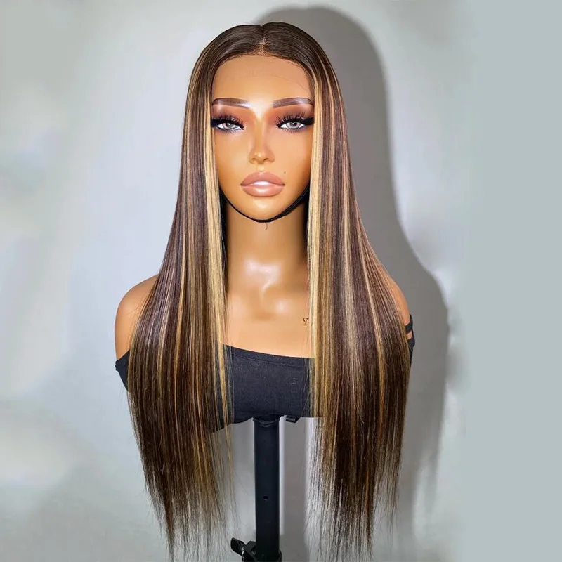 

26Inch 180Density Glueless Ombre Blond Straight Soft Lace Front Wig For Women BabyHair Heat Resistant Preplucked Daily