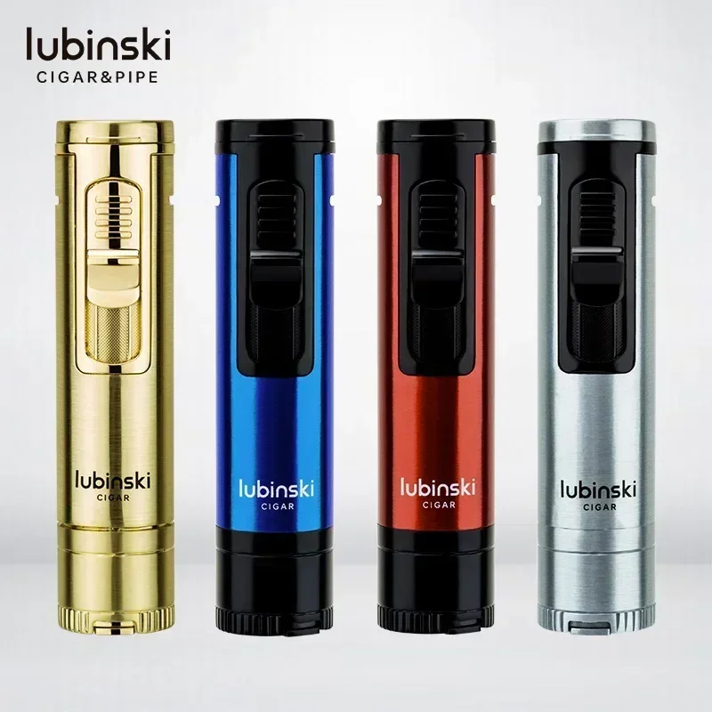 LUBINSKI Cigar 2-in-1 Metal Turbo Lighter High Firepower Windproof Butane Gas Lighter V-shaped Cigar Cutting Knife Men's Gift