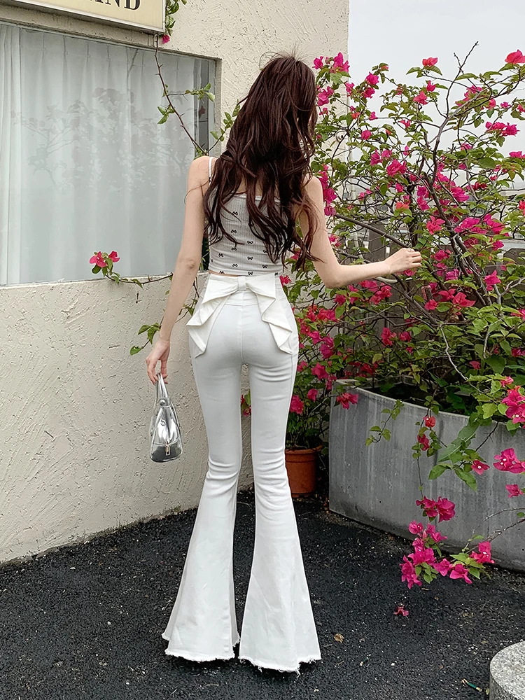 High Waist Bell Bottom Denim Jeans Women's Spring Autumn Fashion  Knot Slimming Hip Enhancing Casual Jeans