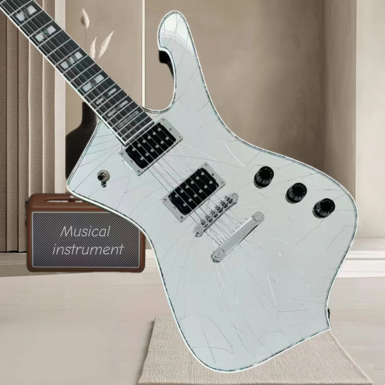 Handmade Transparent Irregular Shaped Electric Guitar Ice Cracked Panel with 6 Strings Fixed Bridge, Special Style Instrument