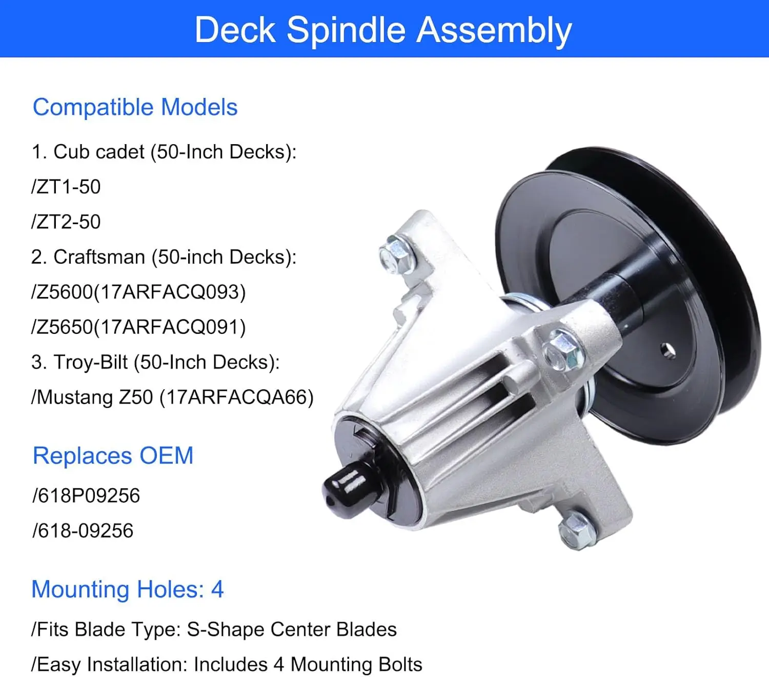 618-09256 618P09256 Deck Spindle Assembly for Cub Cadet for MTD Craftsman Troy Bilt ZT1-50 Z5600 Mustang Z50 50-Inch Deck Mowers