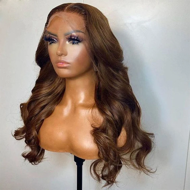 Peruca macia da onda do corpo marrom com laço HD, cabelo humano pré-arrancado, base de seda, sem cola, cabelo do bebê europeu, 5x5, 30"