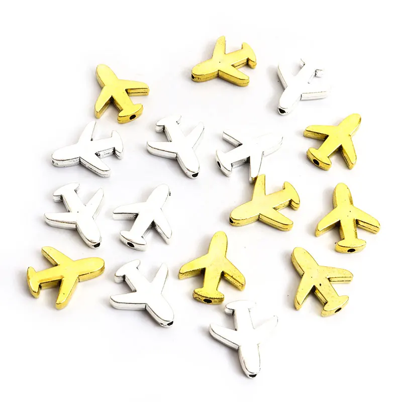 10pcs Airplane Alloy Spacer Beads Charms 1.3mm Hole Gold/Silver Color Metal Loose Bead For Jewelry Making DIY Bracelet Accessory