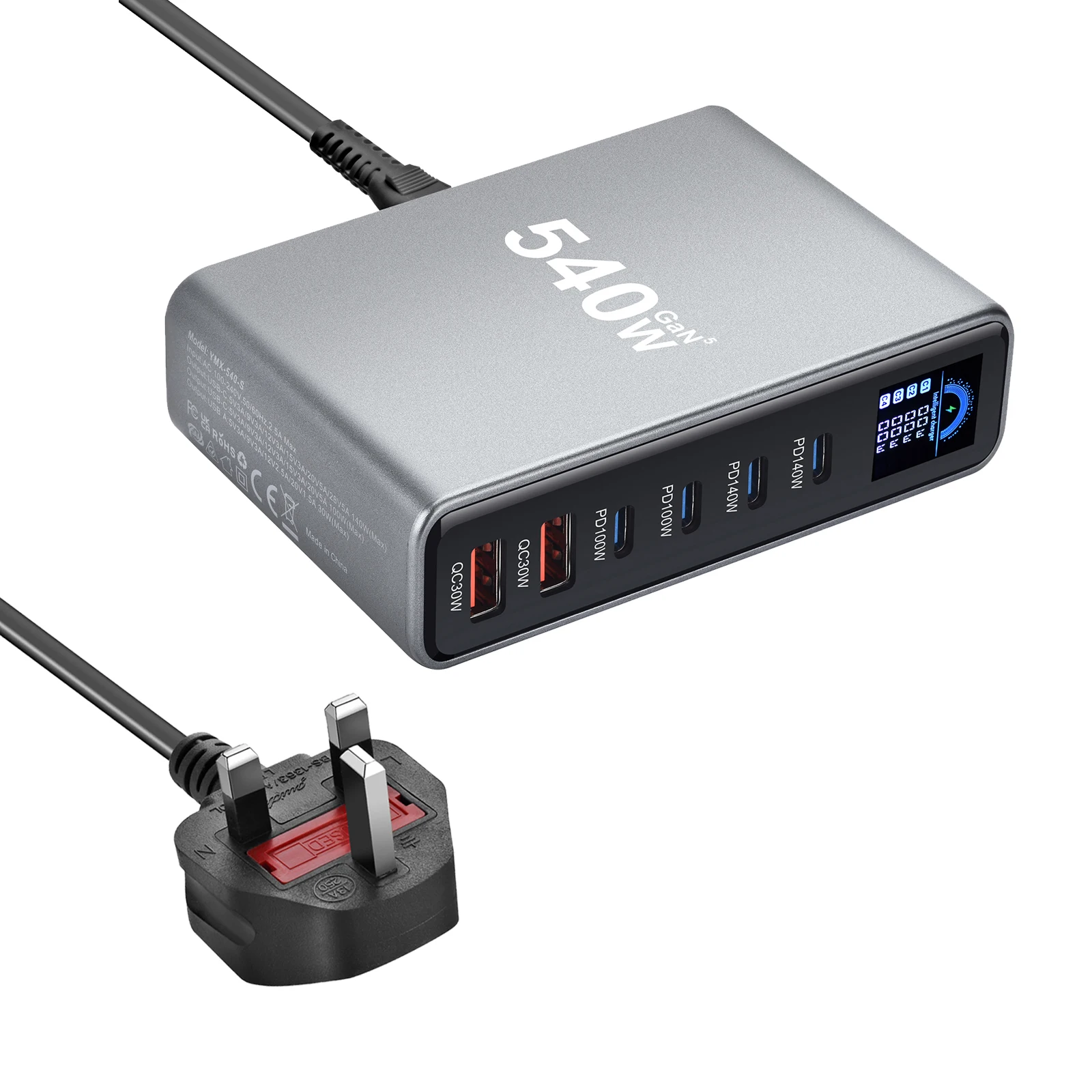 540W Multi-Port GaN Desktop-Ladegerät mit LCD-Bildschirm | 140W PD3.1 Schnellladegerät für MacBook, iPhone 16 17, Samsung, Laptop, Tablet – Detail 9