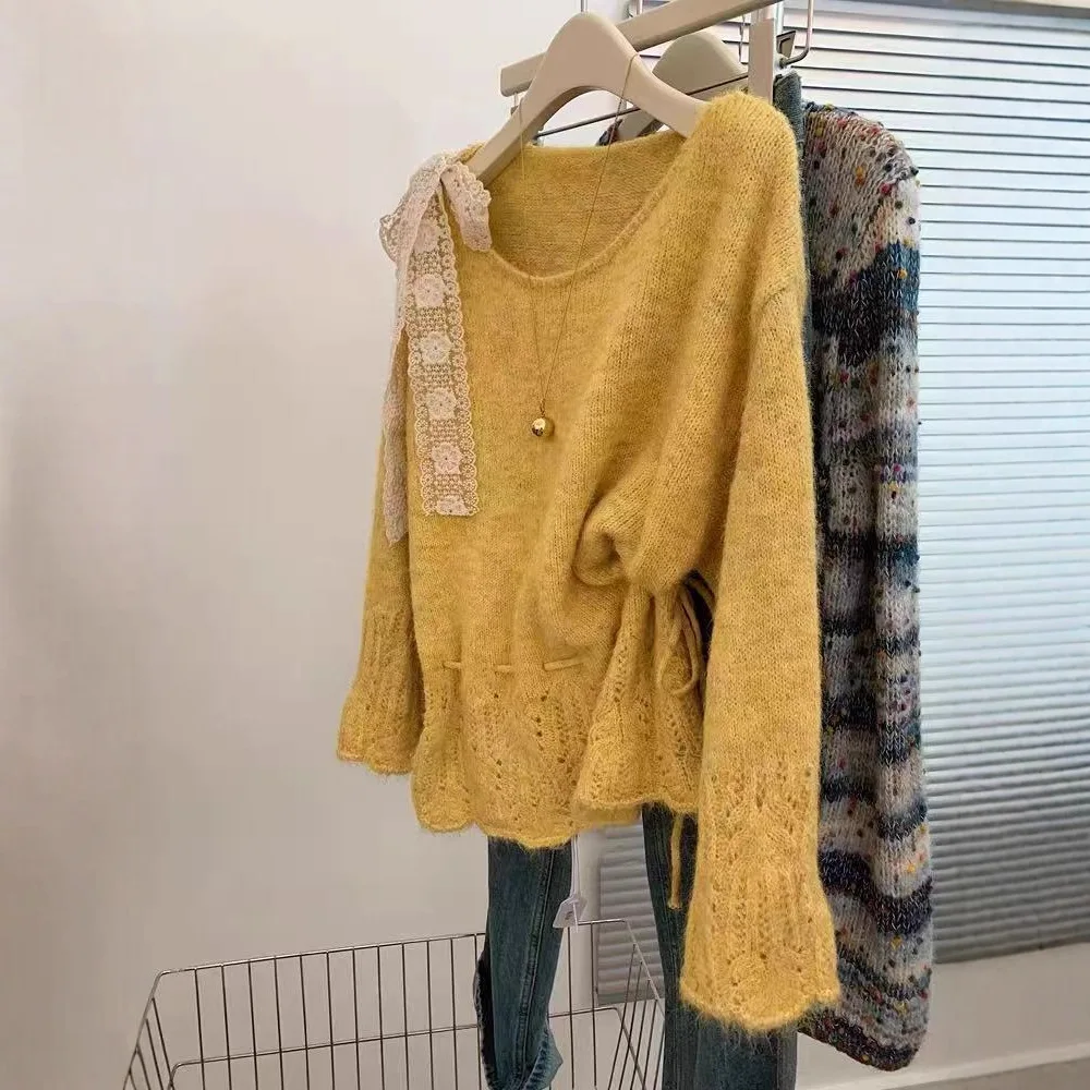 Temperament Elegant Simple Lace Bow Straps Solid Color Hollow Long-sleeved Sweater Women's 2025 New Design Knitted Gentle Top