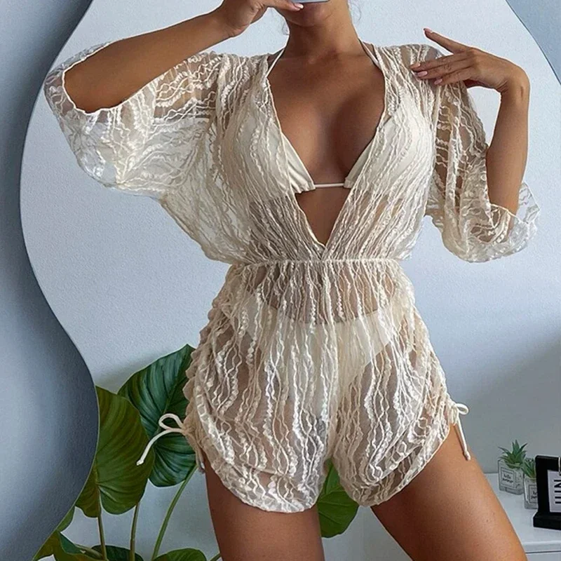 Sexy dreiteiliger Anzug Badeanzug mit tropischem Allover-Print sexy Bodysuit mit tiefem V-Ausschnitt und Kordel zug