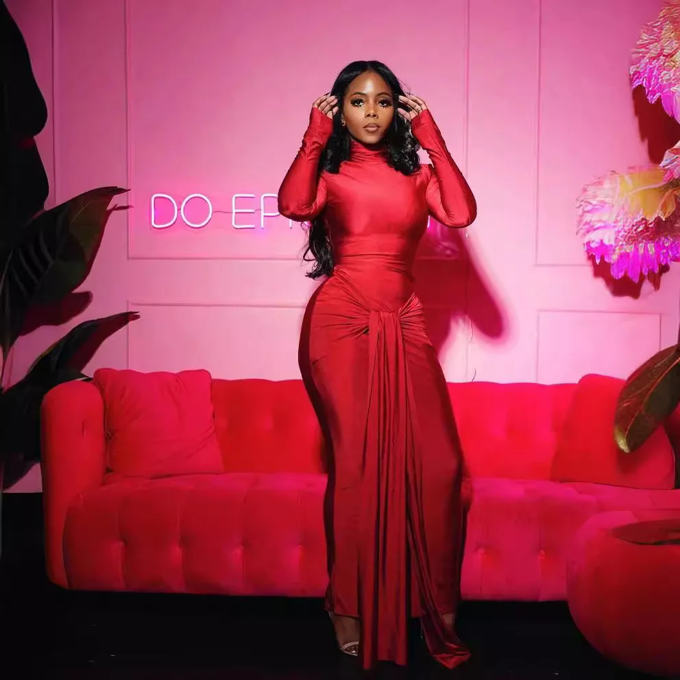 

Fengins Women's Solid Color Round Neck Long Sleeved With Mid Waist Lace And Fluttering Style Dress