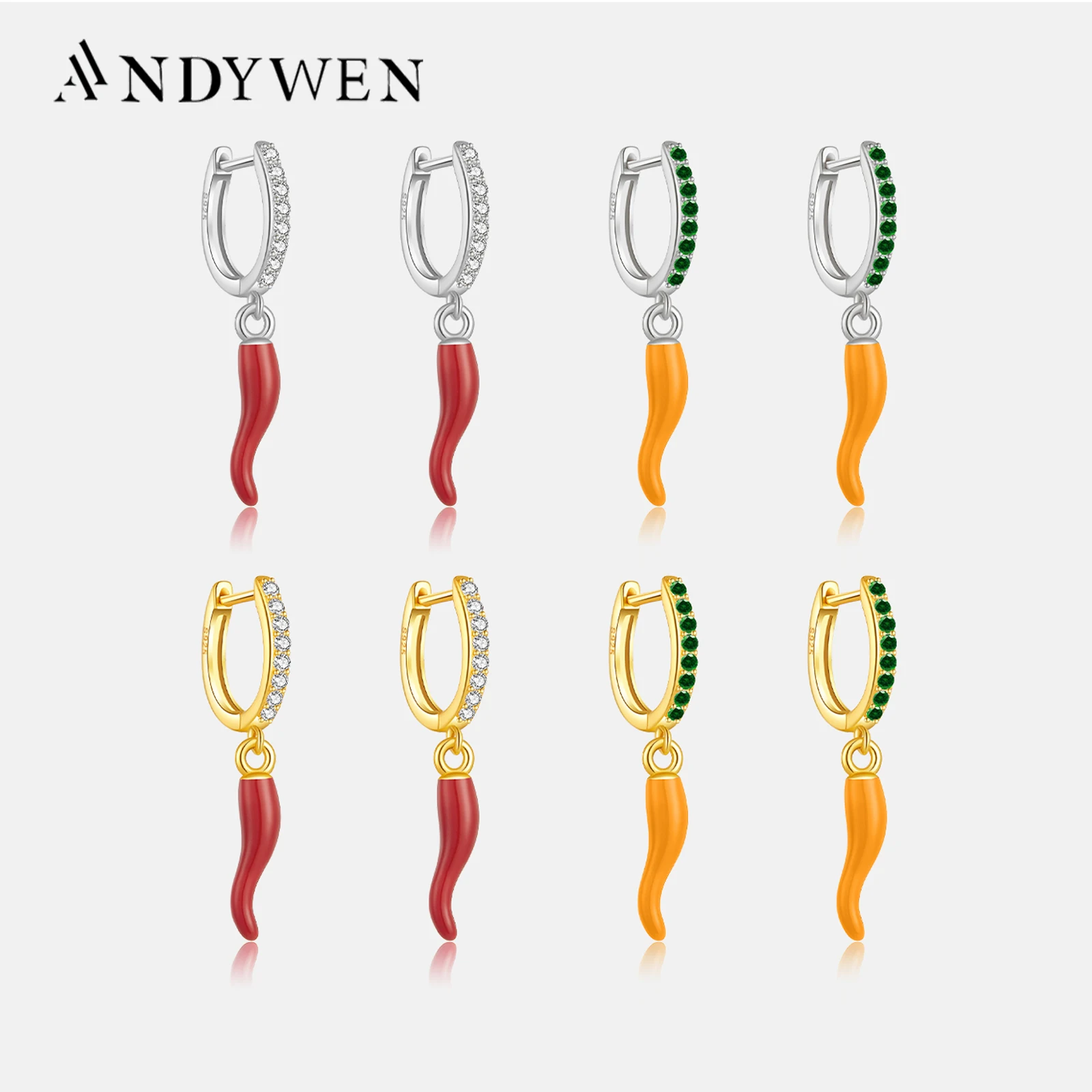 ANDYWEN 925 Sterling Silver 8.5mm Enamel Yellow Chili Red Spicy Drop Earring Clips Piercing Pendiente 2023Rock Punk Party