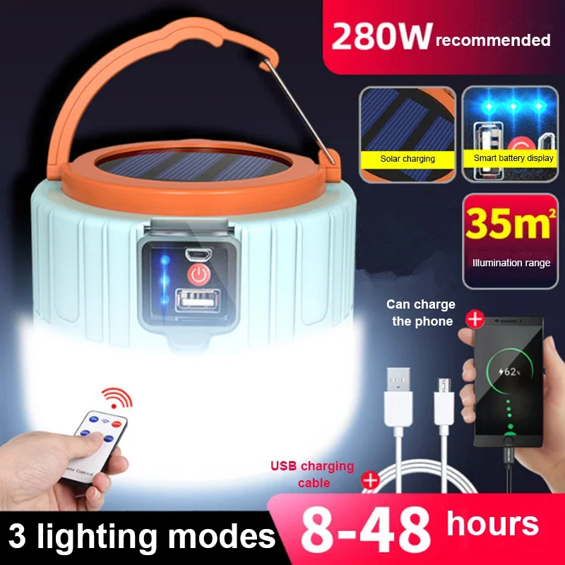 Outdoor Camping LED Light Solar USB Charging Remote Control Tent Lamp Portable Lantern Night Bulb Emergency Lights Camping Tools