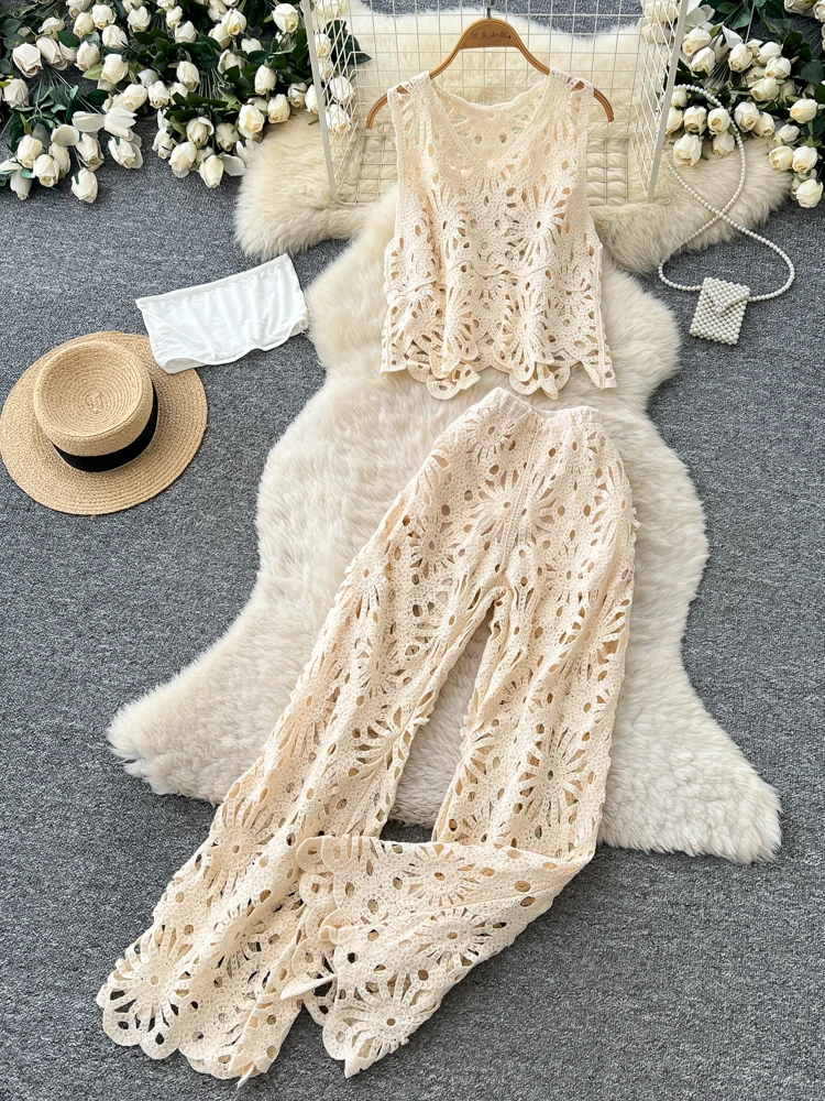 

Bohemian Vacation Style V-Neck Hollow out Top High Waist Wide Leg Bodycon Straight Cut Long Pants Two-Piece Set Women's Fashion