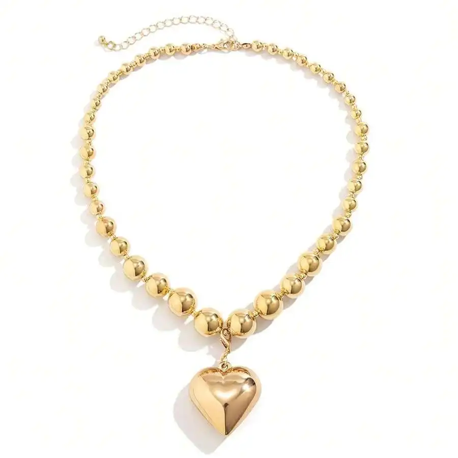 

Gold-Tone Beaded Choker Necklace with Puffy Heart Pendant for Women