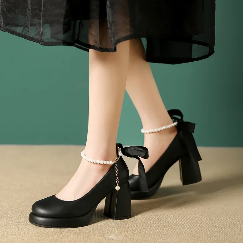 Retro Mary Jane/Lolita Platform Shoes Women Heeled Pearl Bow Ankle Strap Shallow Comfort Thick High Heel Shoe Pumps Chaussure