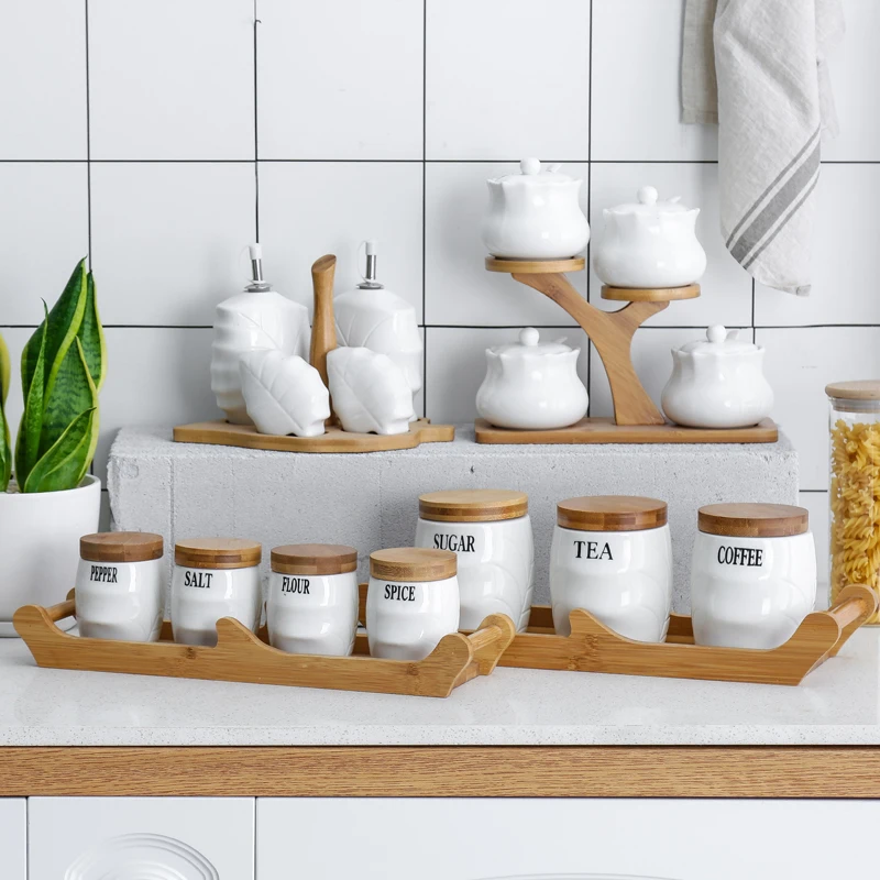 White Ceramic Kitchen Seasoning Set Wooden Cover Salt Shaker Spice Jar Sealed Oil Bottle Accessories