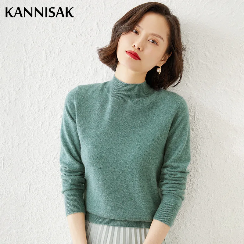 Sweater Women 2024 Autumn Winter Brown Mock Neck Stretch Bottoming Shirt Solid Slim Female Knitted Pullovers Cashmere Sweater