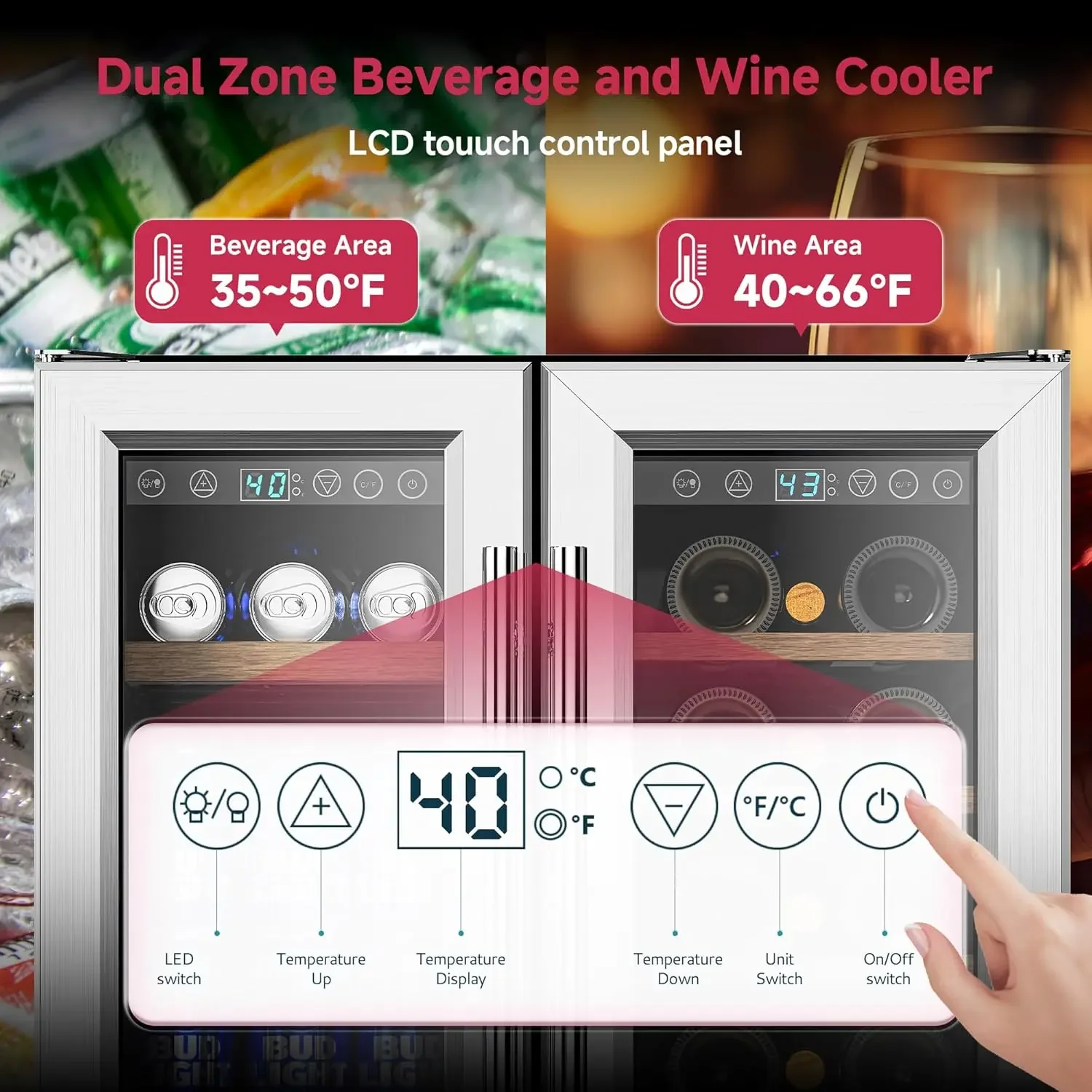 Beverage Refrigerator, Dual Zone Wine Cooler with Glass Door, Hold 88 Cans & 21 Bottles, Built in or Freestanding Under Counter