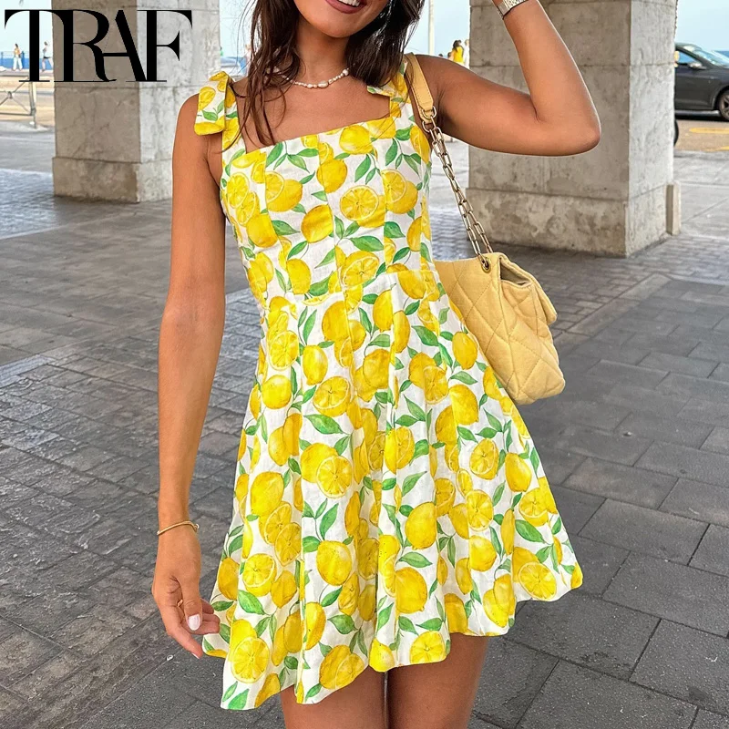 TRAF Woman Fruit Print Slip Dress Tied Sleeveless Yellow Short Dresses Summer Backless Mini Dress Women Beach Holiday Dresses