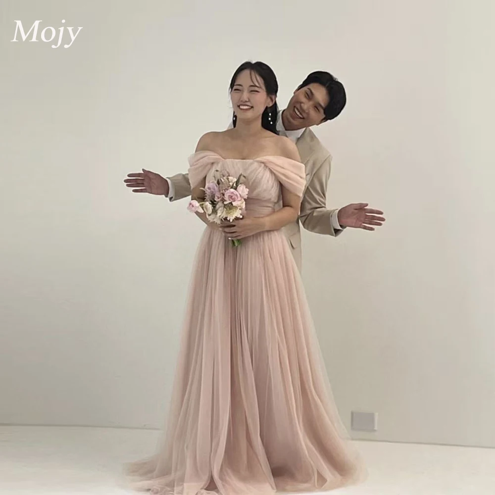 

Mojy Fairy Off Shoulder Korea Wedding Dress Photo Shoot Dusty Pink Tulle Bridal Gown Evening Party Dresses customized