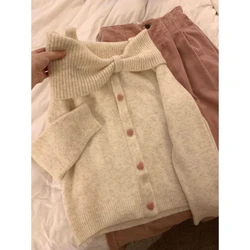 Sweet Streetwear Knitted Cardigan Women Japanese Style Y2k Harajuku Solid Elegant Sweater Bow Sexy Soft Pullover Girl 2024