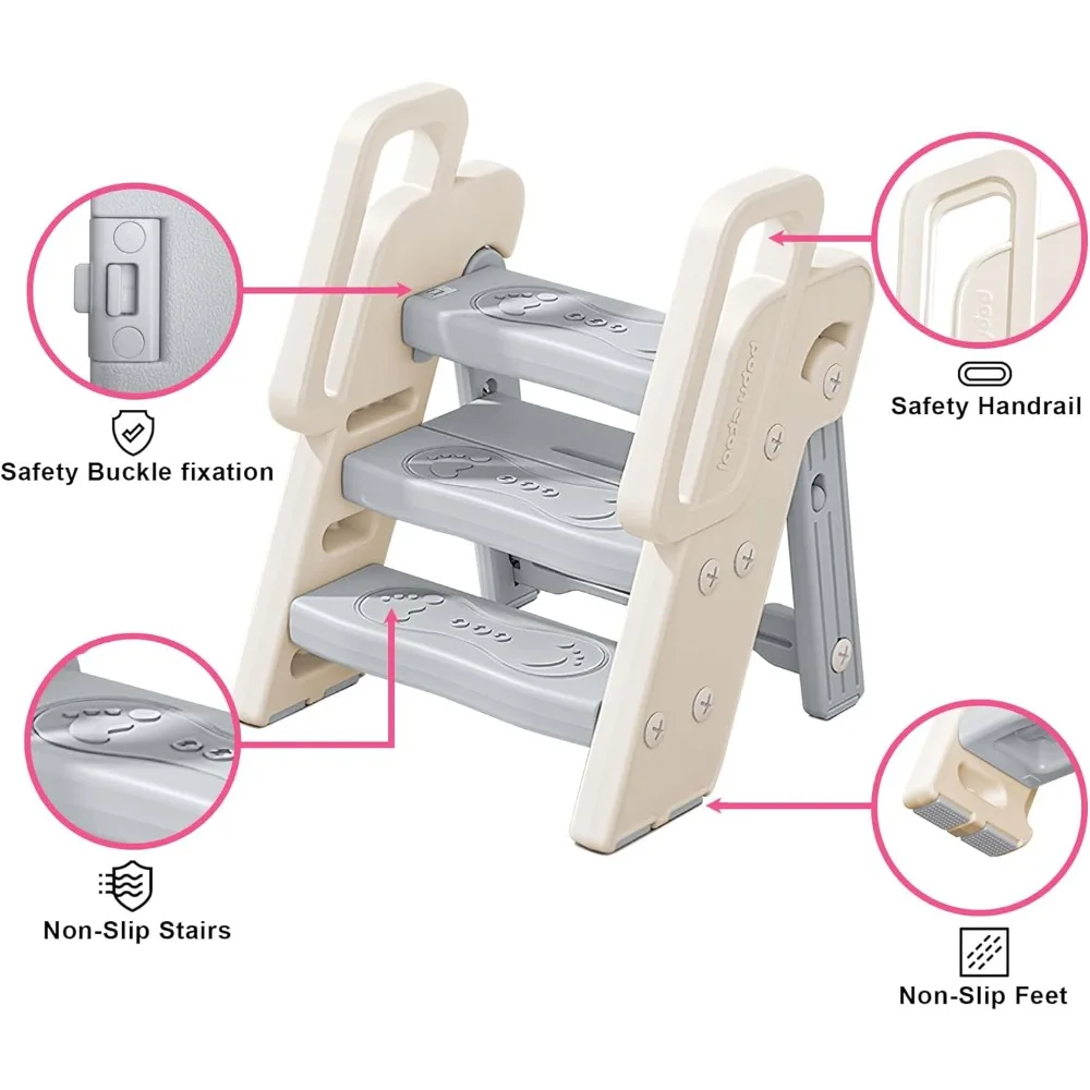 Taburete plegable para niños pequeños, con mango de seguridad mejorado, escalera antideslizante, taburete de mostrador para niños pequeños, utilizado para lavabo de baño