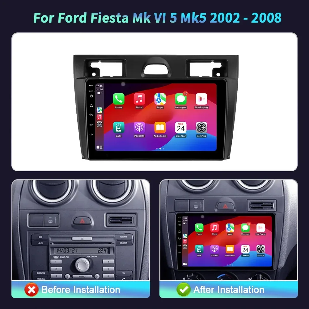 Voor Ford Fiesta Mk VI 5 Mk5 2002-2008 Android 14 Auto Auto Draadloze Carplay Radio Multimedia GPS navigatie 2 din Scherm Stereo