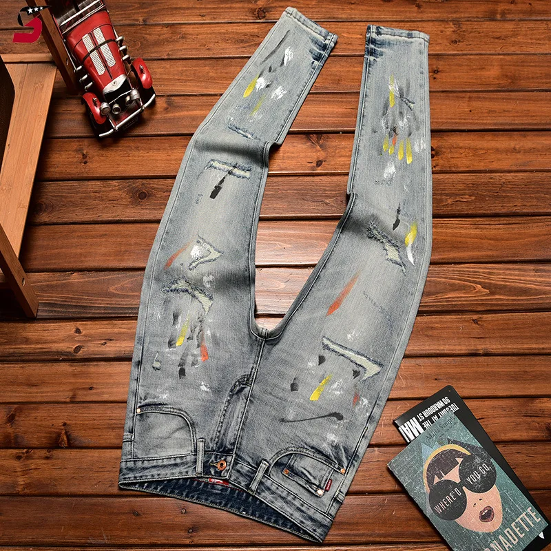 

Autumn Winter High-End Trendy Brand Men's Jeans High Street Ripped Patch Ink Splash Print Fashion Stretch Slim Fit Skinny Pants