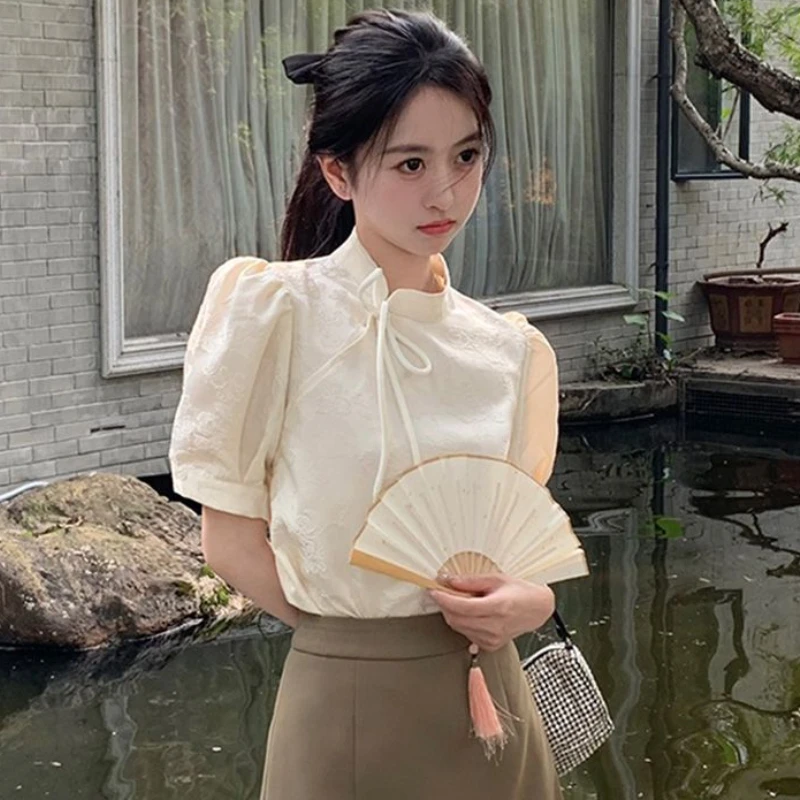 Blouses Women Chinese Style Puff Sleeve Unique Summer Vintage Lace-up Design Sweet Solid Casual Chic Elegant Fashion Temperament