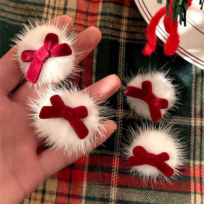 Lovely White Fur Ball Red Velvet Bow Hairpin Sweet Festive Hair Clip Girl Heart Bangs Clips Fashion Duckbill Clip Hair Accessory