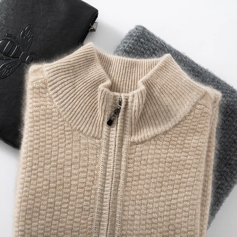Sweter męski ze 100% czystego kaszmiru, z obniżonymi ramionami, zapinany na krótki zamek, z wysokim kołnierzem, gruby, ciepły, dzianinowy podkoszulek na zimę.