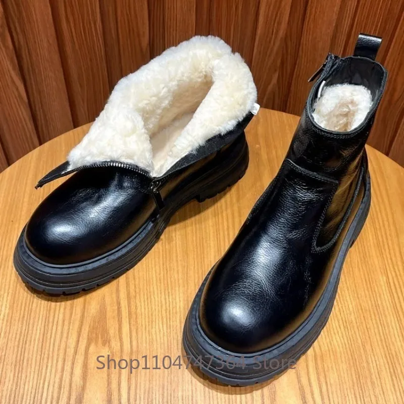 Vintage Genuine Leather Snow Boots Men's Cow Leather Side Zip Wool Lined Thick Sole Non‑Slip Warm Ankle Chelsea Boots Male Shoes