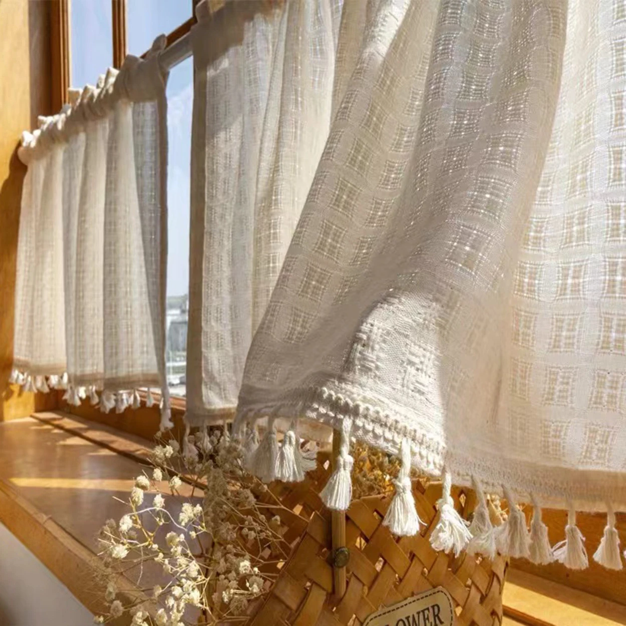 1 Cortina Moderna Estilo Granja con Flecos, Estilo Americano y Medio Oriente, Cortinas Cortas para Decoración del Hogar, con Diseño Floral