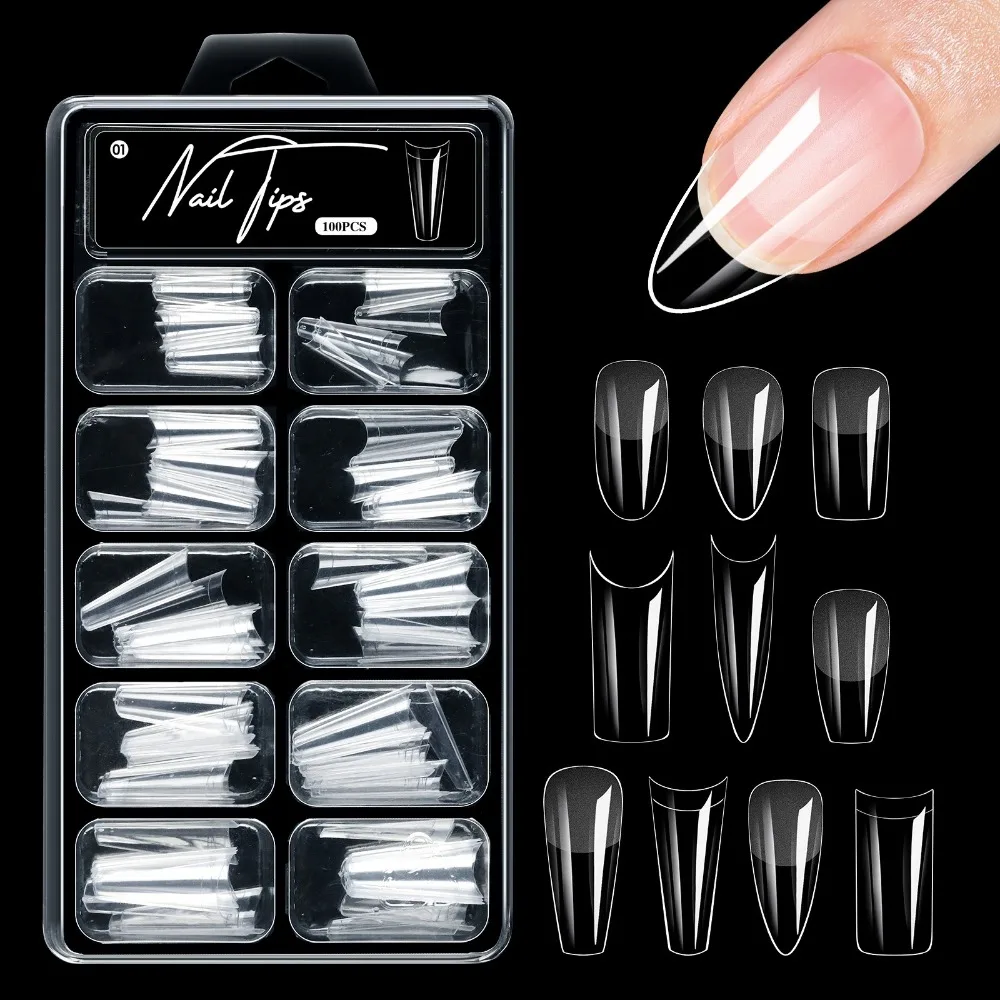100Pcs Acrylic False Nail Transparent Traceless Artificial Nails Tips Almond Square Half Matte Pre-File Pressed Nails