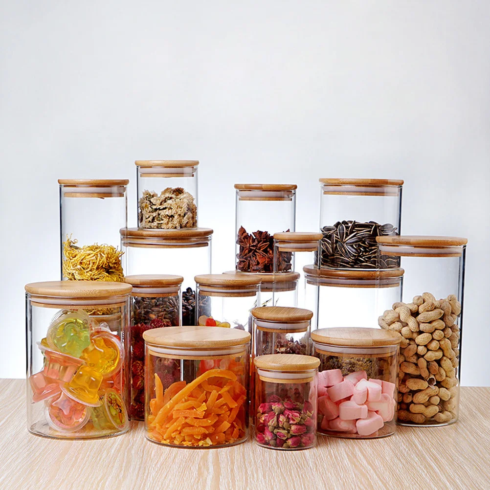 

Sealed Canisters Glass Storage Jars Food Containers Dryer Flour Airtight Wood Lid Silicone Ring Safe Packaging Household Storage