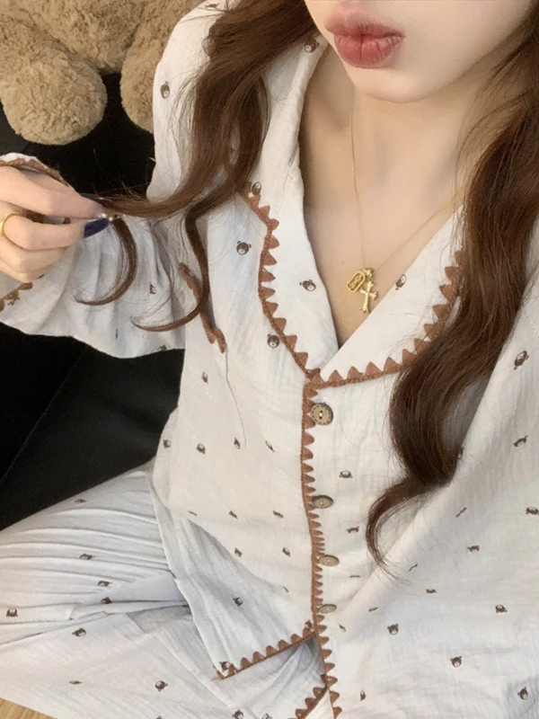 

Новый комплект домашней одежды из чистого хлопка с милым мультяшным медведем для женщин, весна-осень, с длинным рукавом, антибактериальный, мягкий, 2026 год