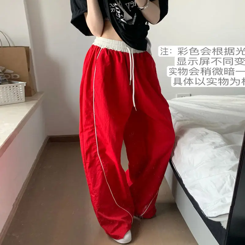 

Pants High Quality Contrast Color Stitching Drawstring Thin Y2k Women Korean Harajuku Sweatpant Red Blue Loose Wide Leg Trousers