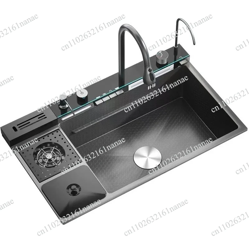 Large single slot 304 stainless steel kitchen digital display sink with trash can vegetable basin vegetable sink