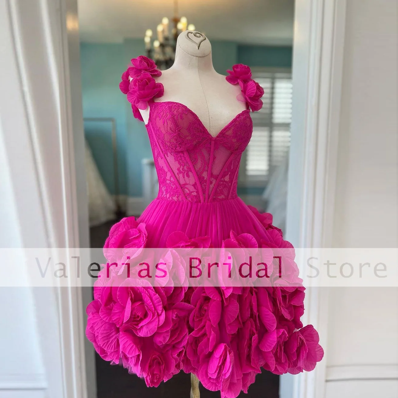 Pretty Pink Cocktail Dress Handmade 3D Flower Lace Formal Party Dresses Mini Saia Graduação Sexy Vestidos Curtos Personalizado