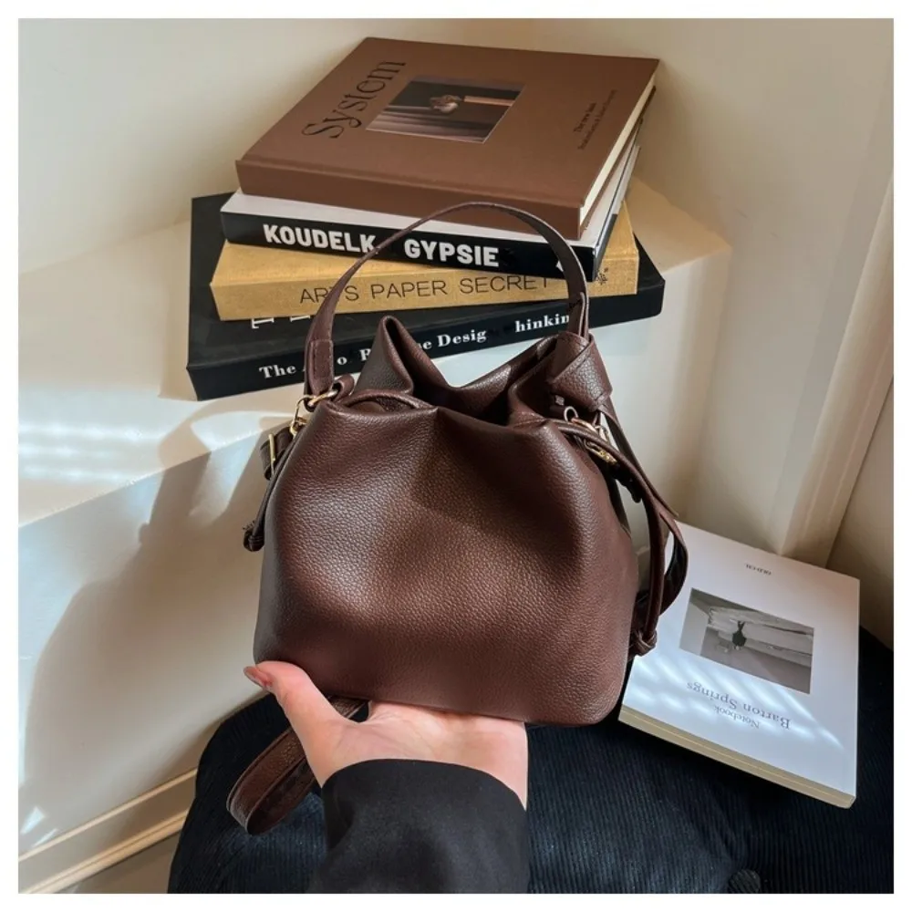 New Top Handle Drawstring Bucket Bag Solid Color Removable Strap Crossbody Handbag Multi-Way Shoulder Bag For Women