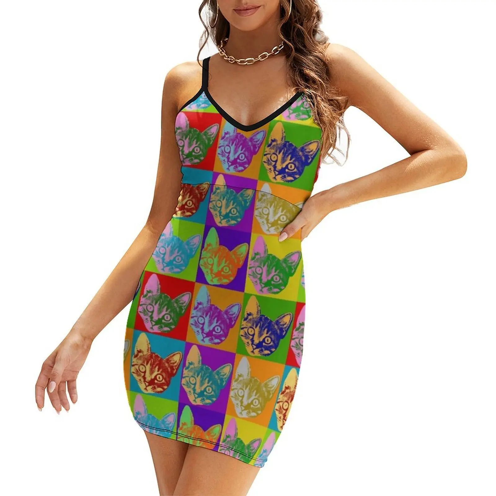 

Cat Pop Art Inspired Graphic Cats Kitty Bright Color Design Sling Dress dresses with long sleeves woman dress